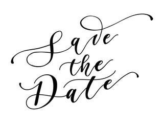 Save the date calligraphy inscription. Hand drawn lettering for wedding invitations isolated on white background. Vector illustration.