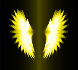 yellow glowing, stylized angel wings on a black background. vector