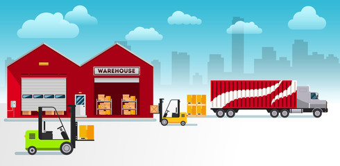 Naklejka premium Warehouse building and shipping process flat horizontal banner set isolated vector illustration.