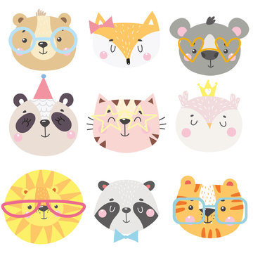 Set of cute animals face in funny glasses and  with decorative elements. Vector illustration