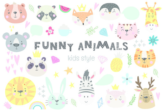 Collection of cute kids animals with funny decorative elements. Vector illustration