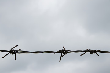 Old barbed wire at a grey cloudy sky