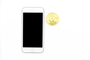 cryptocurrency, virtual currency, ethereum, bitcoin, litecoin, on white Smartphone generic, with...