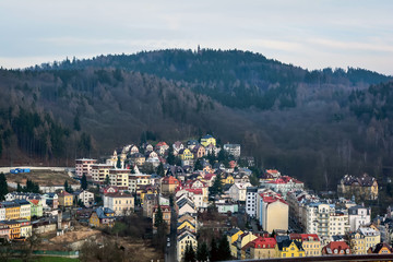 Traditional buildings of Karlovy Vary, bird's eye panorama