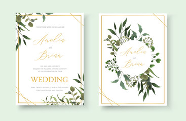 Fototapeta Wedding floral golden invitation card save the date design with green tropical leaf obraz