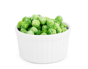 Peas in a white plate on a white background