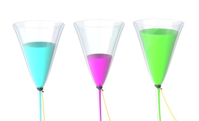 Three glass with color liquid isolated on white 3d illustration