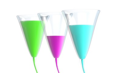 Three glass with color liquid isolated on white 3d illustration