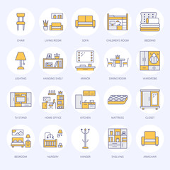 Furniture vector flat line icons. Living room tv stand, bedroom, home office, kitchen corner bench, sofa, nursery, dining table, bedding. Thin signs collection for modern interior store.