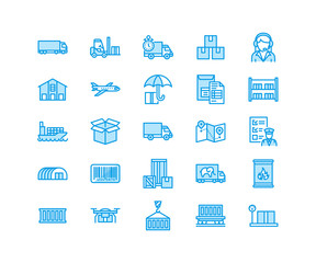 Cargo transportation flat line icons Trucking, express delivery, logistics, shipping, customs clearance, package, tracking labeling symbols. Transport thin signs freight services. Pixel perfect 64x64.