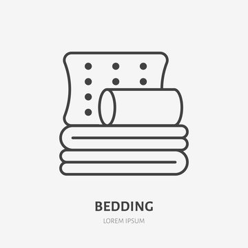 Bedding, bedroom decorations flat line icon. Vector illustration of pillows and blanket. Thin linear logo for interior store.