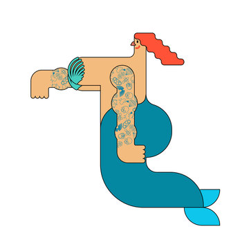 Mermaid with tattoo. Underwater beautiful woman. Vector illustration