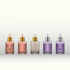 Vector 3D beauty cosmetic product mock up. Isolated realistic bottles for advertising branding. Cosmetic packaging design template.