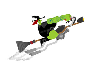 Witch on racing broom. Broomstick Speeding turbo. Halloween Vector illustration.