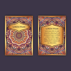 Vintage cards with floral mandala pattern and ornaments. Front page and back page. Luxury design.