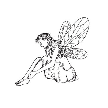 Beautiful Young Fairy Sitting, Side View, Hand Drawn Outline Doodle Sketch, Black And White Vector Illustration