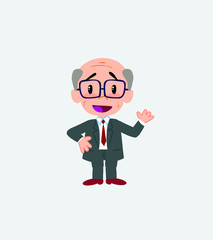 Old businessman with glasses waving, happy.