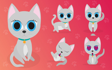 Vector set of cartoon images of cute different cats with different actions and emotions. Pet.