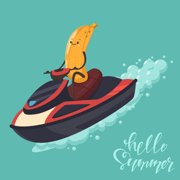 Funny Banana on a jet ski. Vector cartoon character of cute fruit of summer water activities. Illustration of sport and healthy lifestyle.