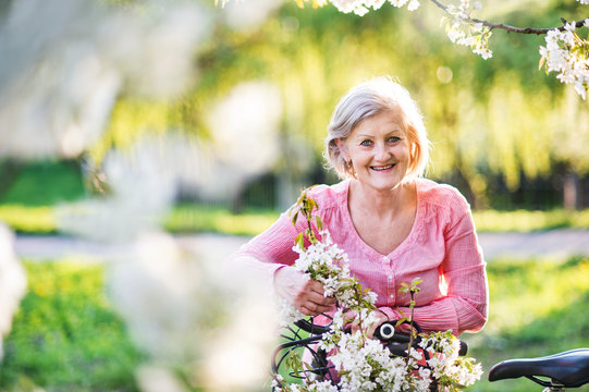 Beautiful senior woman with bicycle outside in spring nature.