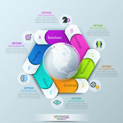 Circular infographic design layout with 6 spiral lettered elements
