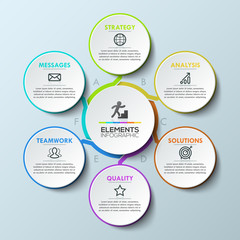 Infographic design template, circular chart with 6 multicolored lettered elements connected with center