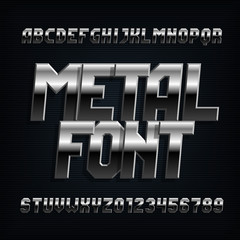 Metal alphabet font. Chrome effect oblique letters, numbers and symbols. Stock vector typeset for typography design.