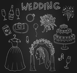 Wedding symbols set hand drawn with ink sketch
