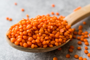 Dry Red Lentils in Wooden Spoon Cereal / Masoor Dal
