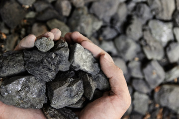 Coal miner in the man hands of coal background. Coal mining or energy source, environment protection. Industrial coals. Volcanic rock.