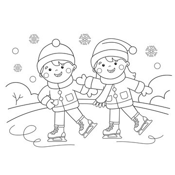Coloring Page Outline Of cartoon boy with girl skating. Winter sports. Coloring book for kids