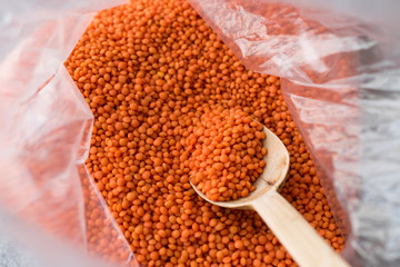 Dry Red Lentils in Wooden Spoon Cereal / Masoor Dal