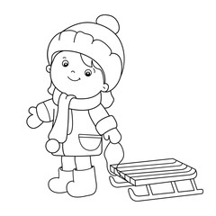 Coloring Page Outline Of cartoon girl with sledge. Winter. Coloring book for kids
