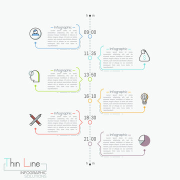 Vertical timeline with time indication, pictograms and text boxes
