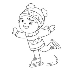Coloring Page Outline Of cartoon girl skating. Winter sports. Coloring book for kids