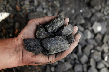 Man hand holding coal. coal mining.