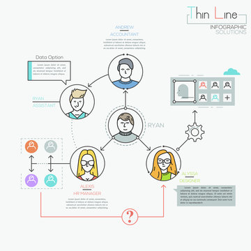 Creative infographic design template. Human characters connected by arrows and text boxes