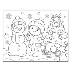 Coloring Page Outline Of girl with Snowman and Christmas tree. Christmas. New year. Coloring book for kids