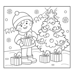 Coloring Page Outline Of boy with gifts at Christmas tree. Christmas. New year. Coloring book for kids