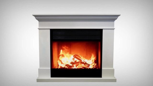 Burning of a classic fireplace isolated on white background. 4k