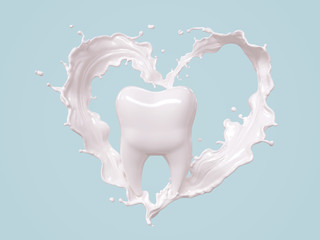 Splash of milk in form of Tooth symbol, for design elements with clipping path. 3D illustration.
