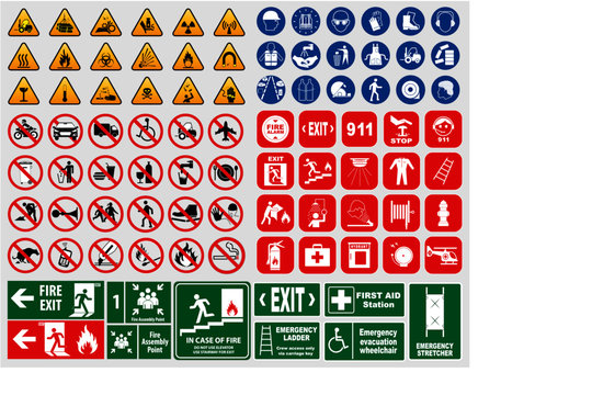 set of mandatory sign, hazard sign, prohibited sign, fire emergency sign. for sticker,   posters, and other material printing. easy to modify.