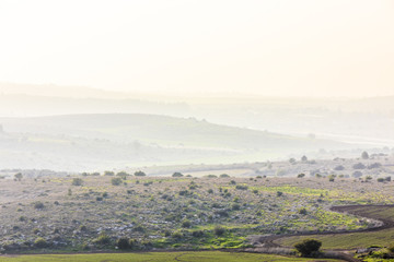 Misty cultivated fresh lush fields wild grown pastures and vague hills picturesque landscape
