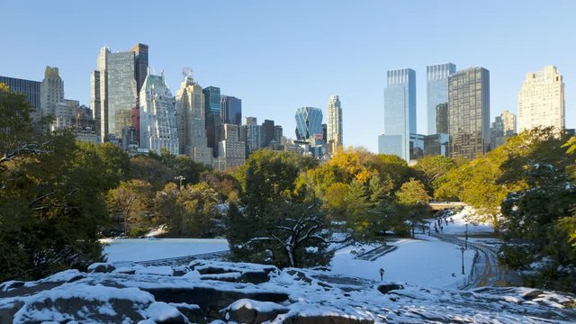 Dawn Skyline of uptown Manhattan and Central Park in the snow, New York City, New York, United States of America, Time-lapse