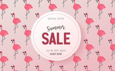 Summer sale background layout banners decorate with flamingo .voucher discount.Vector illustration template. © bokmok
