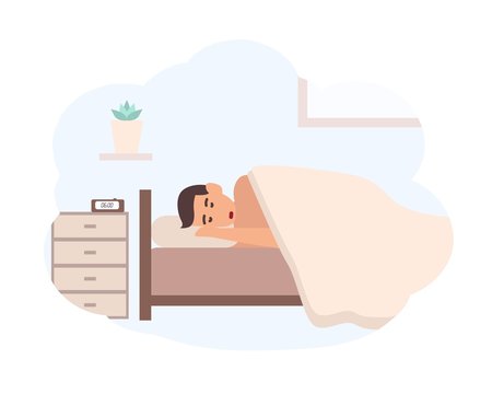 Young man sleeping beside nightstand with electronic alarm clock on it. Male cartoon character lying in bed. Scene of morning awakening, start of day. Colorful vector illustration in flat style.