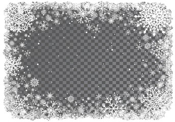 Christmas white frame of snowflakes on transparent background. Snowfall. New-Year winter background. Vector illustration.