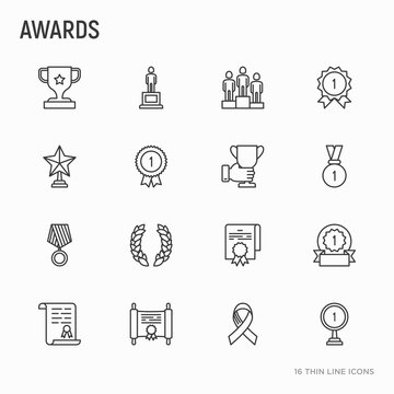 Awards thin line icons set: trophy, medal, cup, star, statuette, ribbon. Modern vector illustration of prizes for competition.