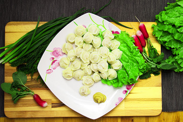 dumplings with chicken on white plate with greens on wooden background