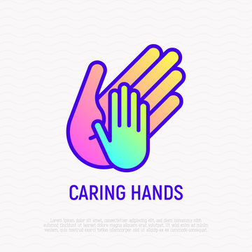 Little hand in big, symbol of caring thin line icon. Modern vector illustration.